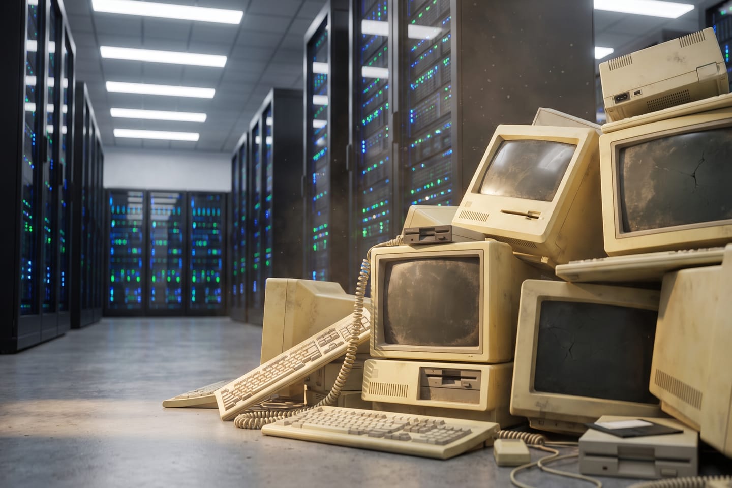 A heap of obsolete beige computers in a modern server room