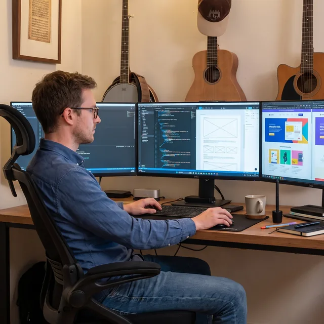 A desk with three monitors showing code and page layouts, guitars hanging on the wall behind